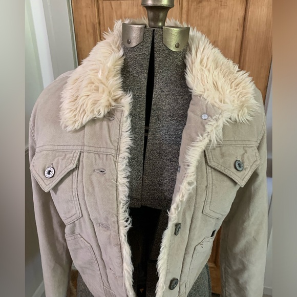 Trucker Jacket Medium Tan Cropped Faux Fur Cotton Outer Retro Penny Lane - Picture 3 of 11